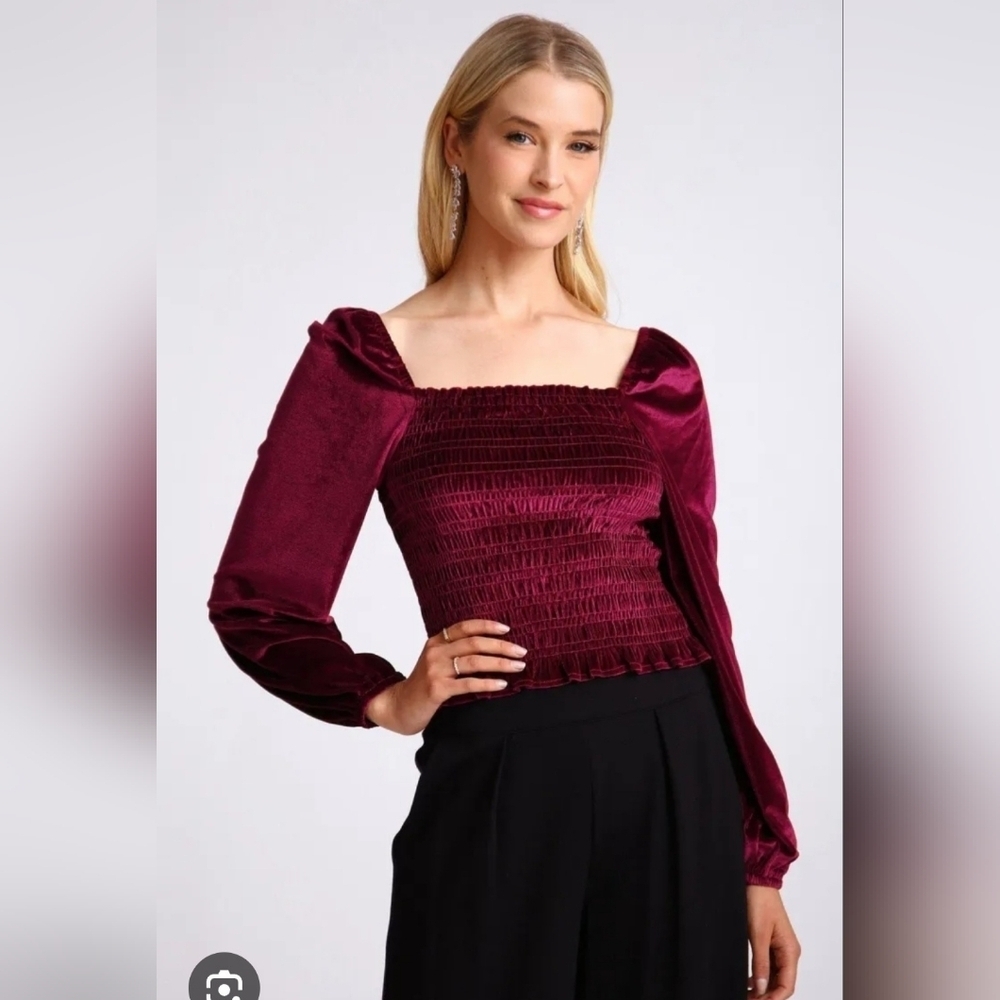 Bagatelle Velvet Burgundy Smocked Blouse